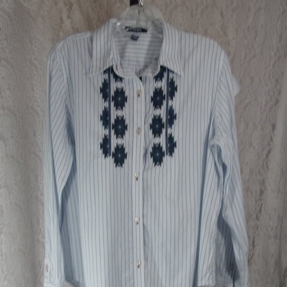 Chaps White Blue Striped Shirt Blouse Cotton With Aztec Embroidery Design Size L